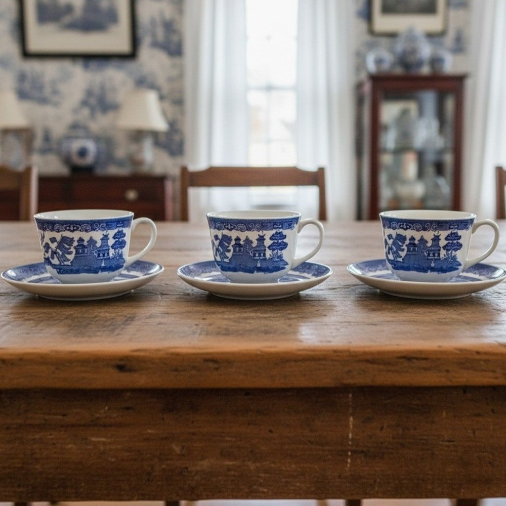 Vintage Blue Willow Tea Cups And Saucers Set Johnson Brothers England Set of 3